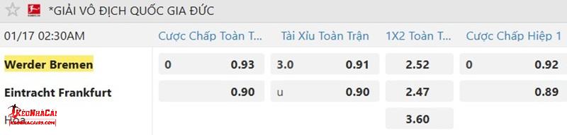 Tỷ lệ soi kèo Bremen vs Frankfurt Tỷ lệ soi kèo Bremen vs Frankfurt